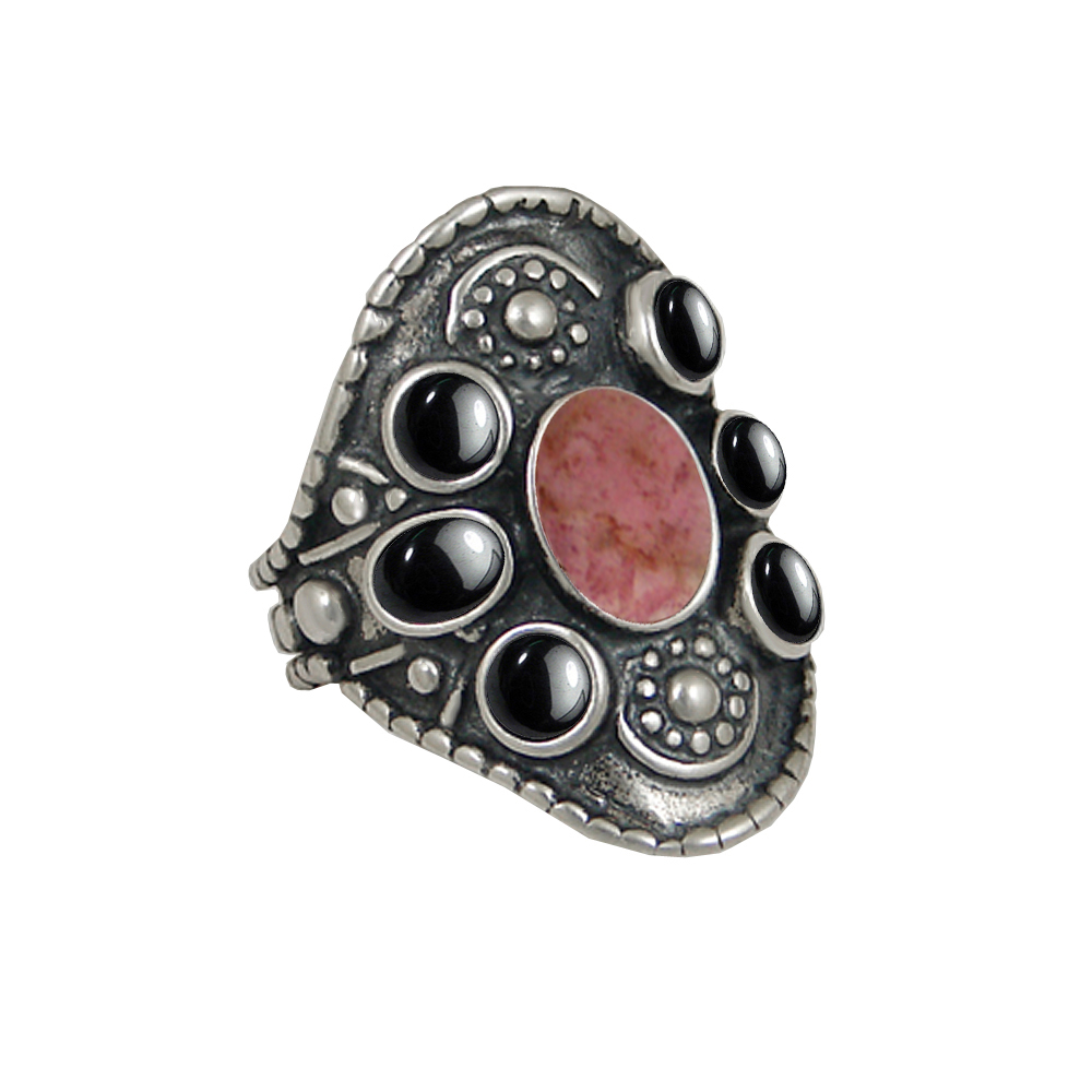 Sterling Silver High Queen's Ring With Rhodonite And Hematite Size 6